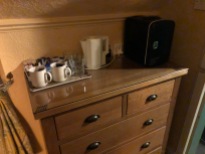 A nice tea service and the most adorable little fridge EVER.