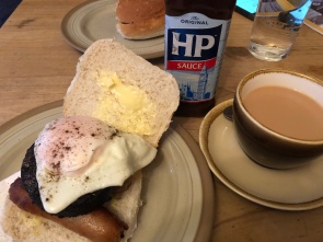 My favorite breakfast of the trip! Strong tea and a breakfast roll with sausage, haggis, bacon rasher and egg. YUM!