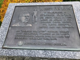 Plaque celebrating Stephen Fonyo, who ran the entire Trans-Canada Highway for the Canadian Cancer Society