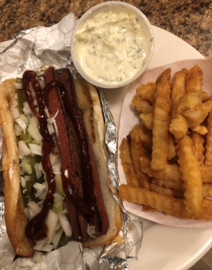 Grilled hot dog and CRINKLE FRIES w/Ranch Drive-in tartar. YES, PLEASE!